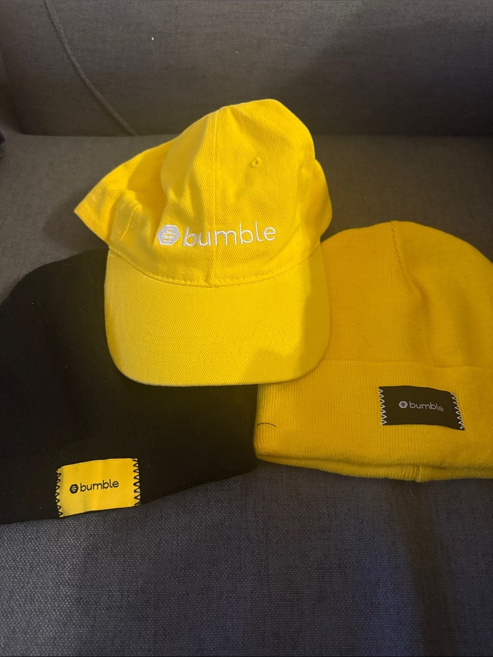 3 pack bumble branded hats - 1 baseball cap and 2 beanies